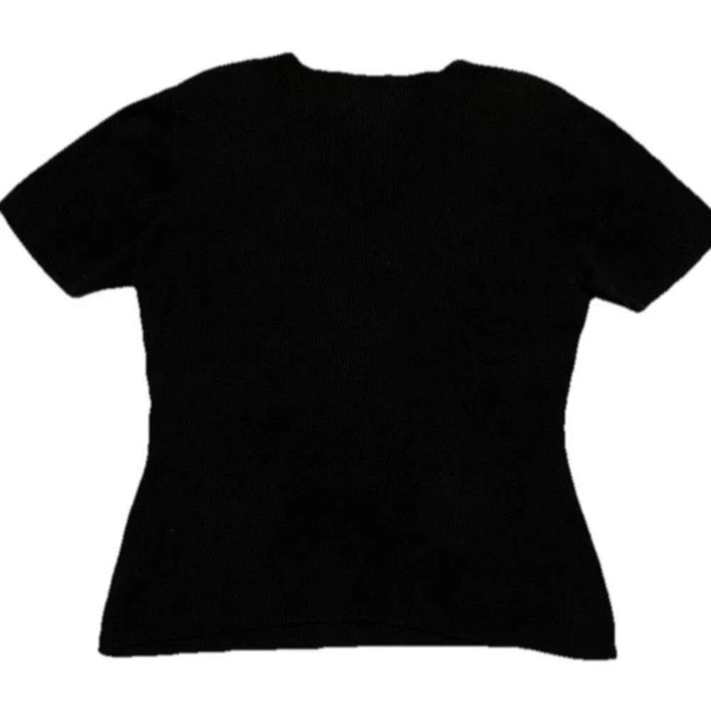 Yarn Works Womens M Black Short Sleeve Knit Textured Stretch Blouse Top Pullover